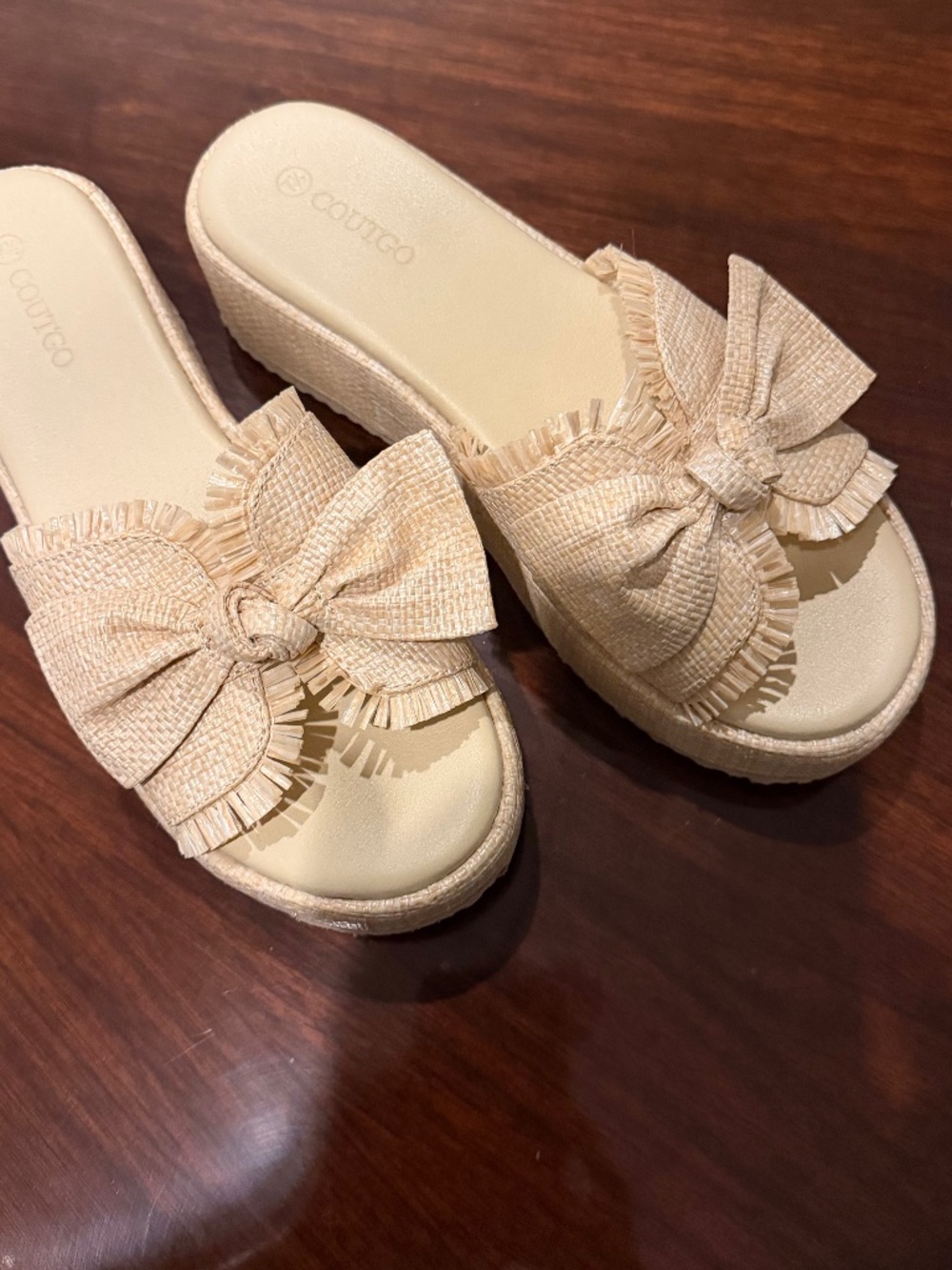 Ladies Coutgo Wedge Sandals, Size 7 1/2, tan with bow and fray